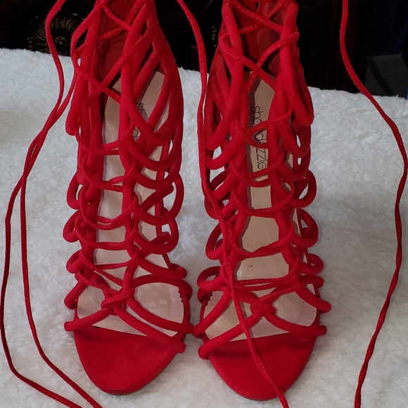 Red ShoeDazzle 5" Lace Up Heels - Picture 3 of 4